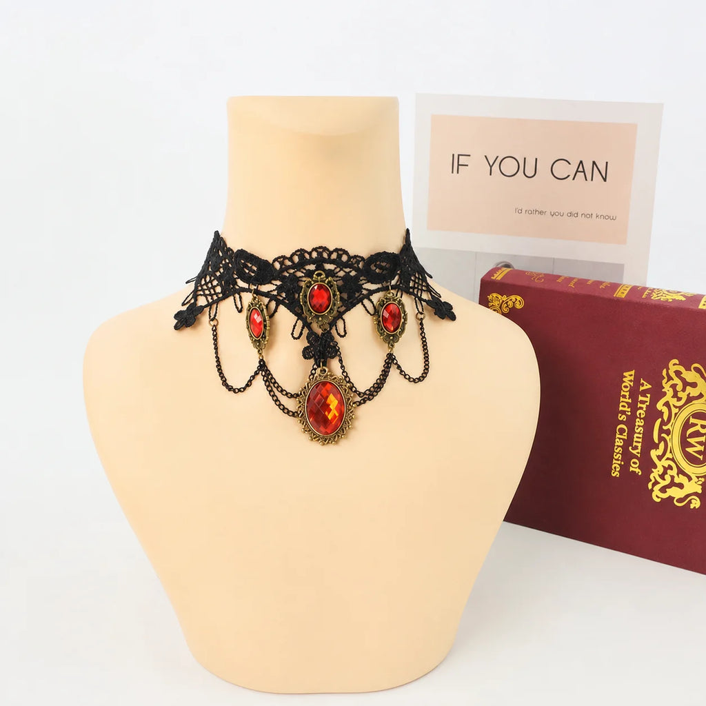 Gothic Black Lace Choker Necklace & Bracelet Set | Faux Gem Jewelry Set SWANS
