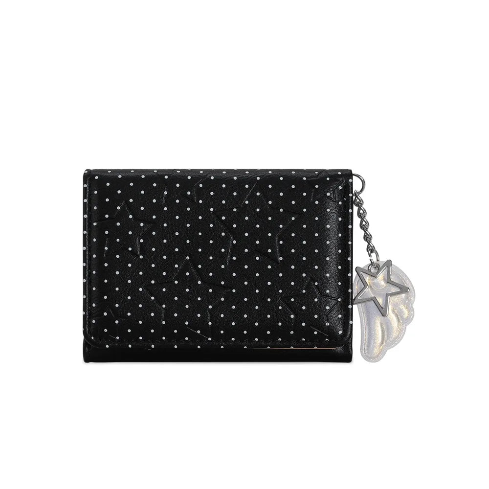 Y2K Tri-Fold Wallet Star Dot Wing Pendant Zipper Card Holder Tri-Fold Wallet SWANS Black