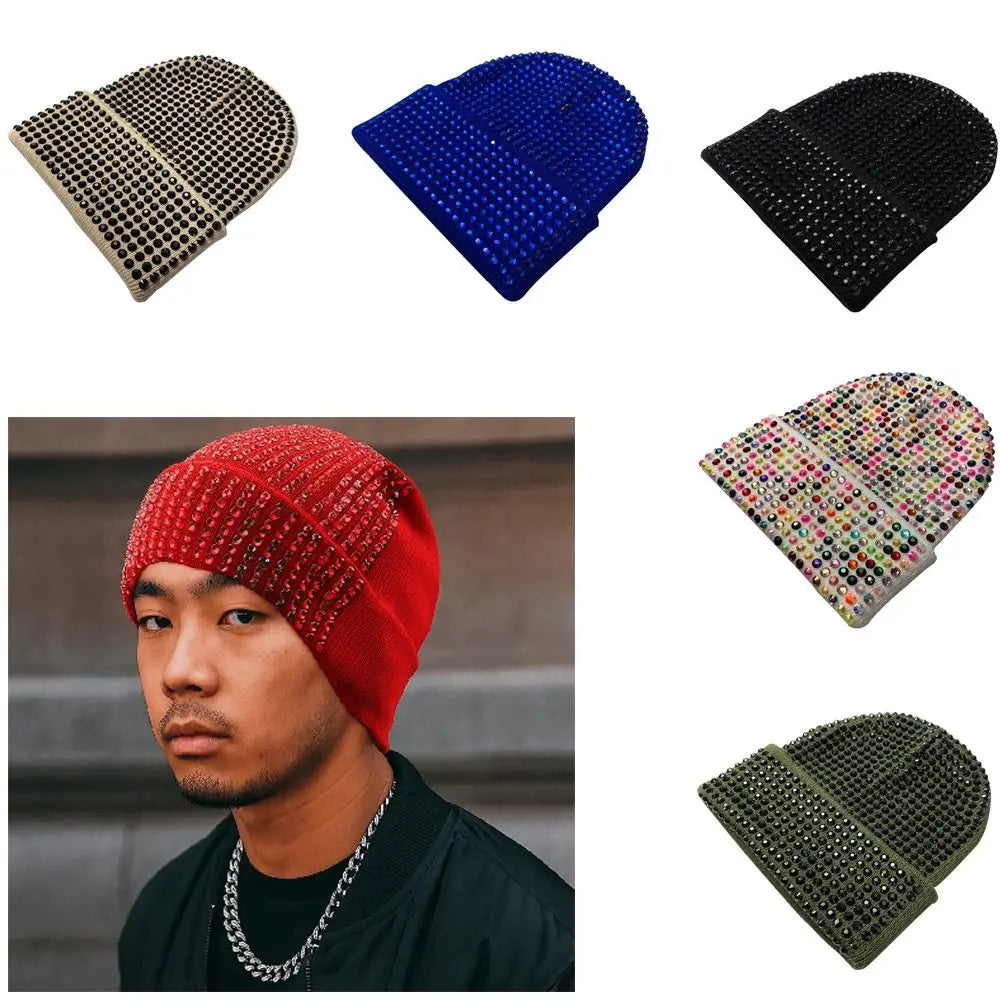 Y2K Rhinestone Knit Beanie Hat – Stretchy Shiny Cap Men & Women Knit Beanie Hat SWANS