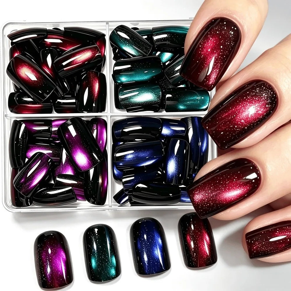 96-Pack Cat Eye Press On Nails – French Glitter Square Tips Press On Nails SWANS