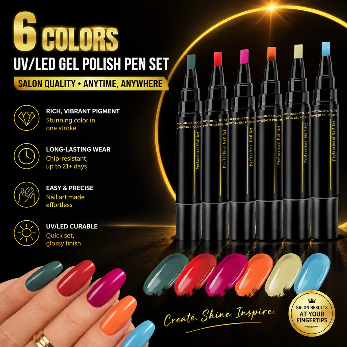 6-Color UV LED Gel Nail Polish Pen Set – DIY Manicure Kit Gel Nail Polish Set SWANS