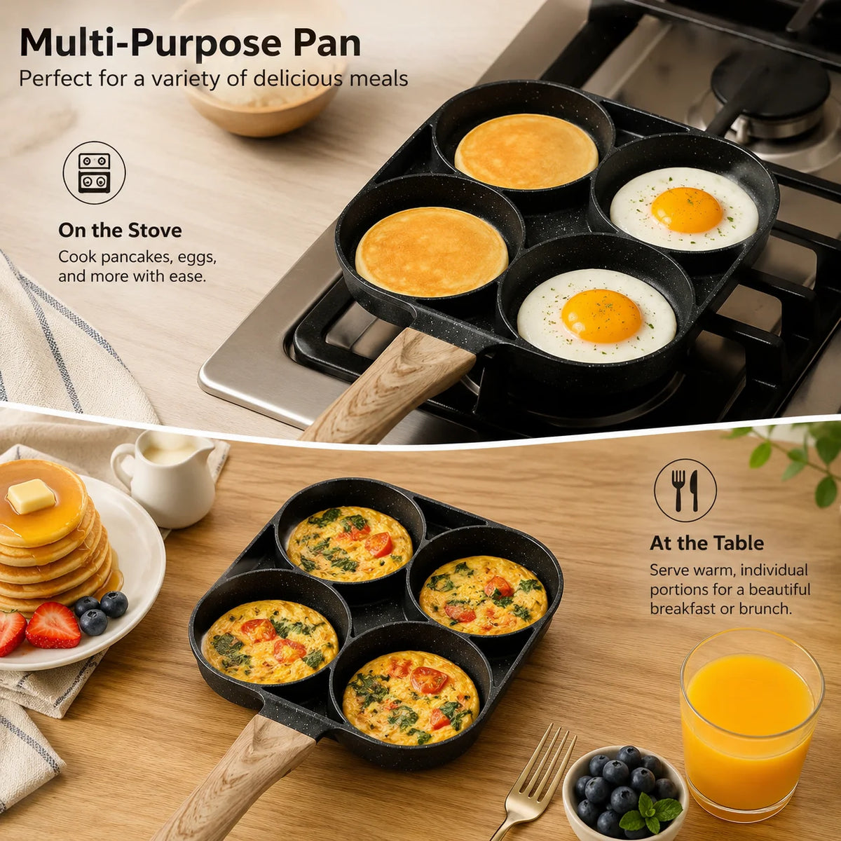 SWANS 4-Cup Nonstick Egg Frying Pan with Wood Handle Nonstick Egg Pan SWANS