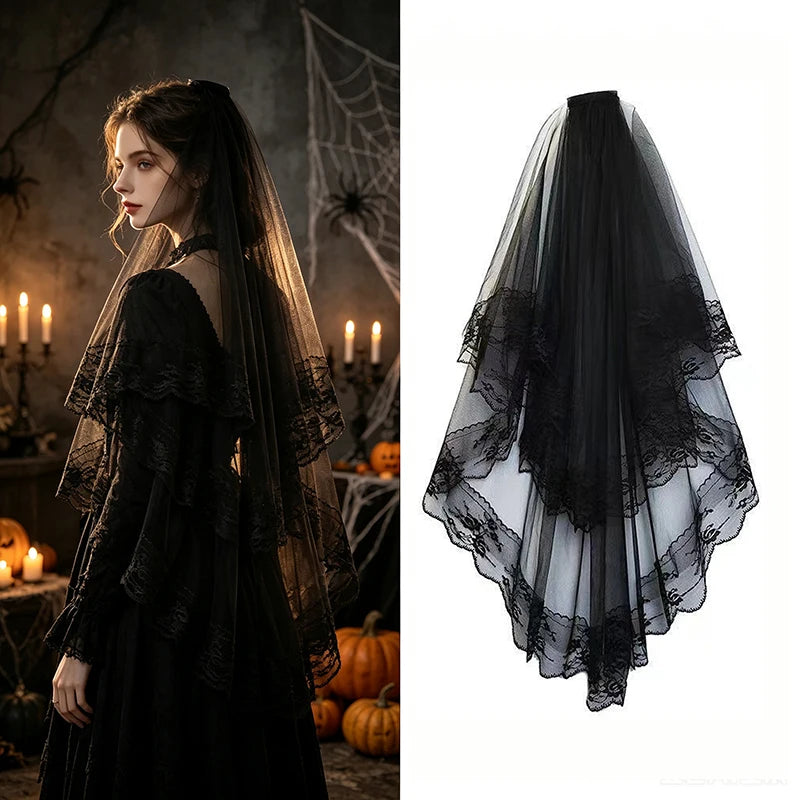 Gothic Black Lace Two-Tier Bridal Veil with Comb | Halloween Gothic Bridal Veil SWANS