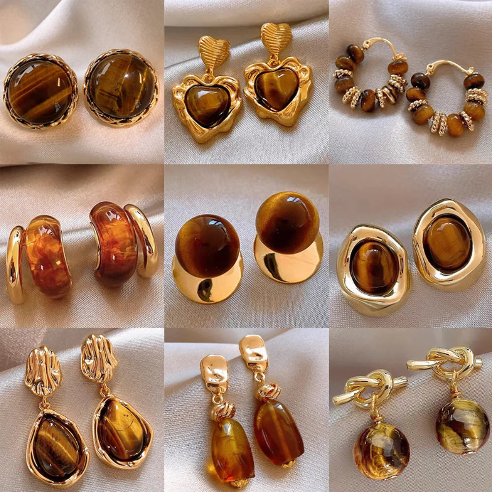 Tiger Eye Stone Stud Earrings – Zinc Alloy Light Luxury Stud Earrings SWANS