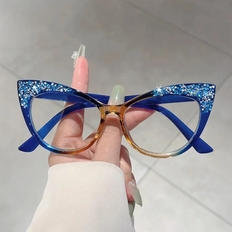 TOYEARN Blue Light Cat Eye Glasses – Bling Diamond Oversized Blue Light Eyeglasses SWANS Blue Tea