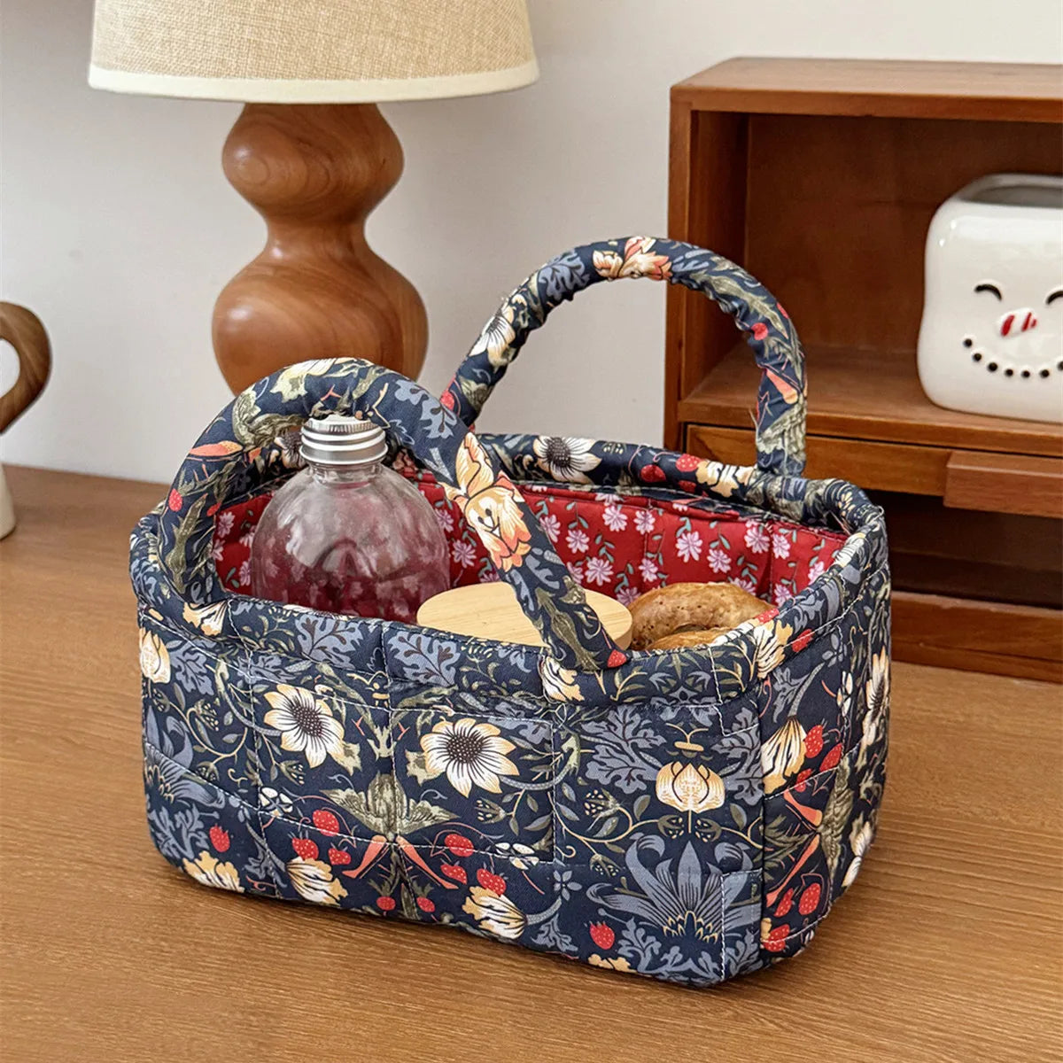 Vintage Flower Foldable Storage Basket with Handle | 2 Sizes Storage Basket SWANS Dark Blue S