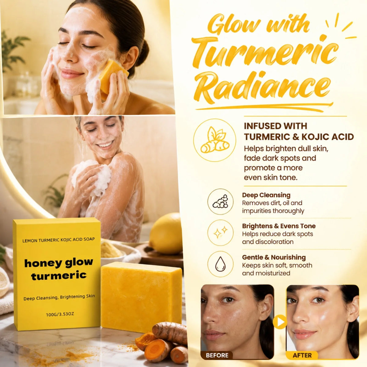 Turmeric Kojic Acid Honey Glow Soap – Lemon Face & Body Bar Cleansing Bar Soap SWANS