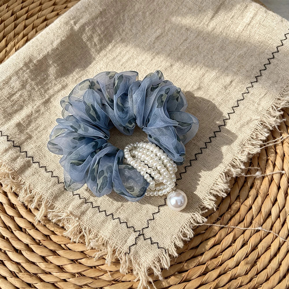 Vintage Leopard Organza Hair Scrunchie – Pearl Bead Tassel Hair Scrunchie SWANS blue