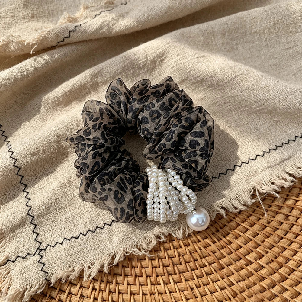 Vintage Leopard Organza Hair Scrunchie – Pearl Bead Tassel Hair Scrunchie SWANS dark