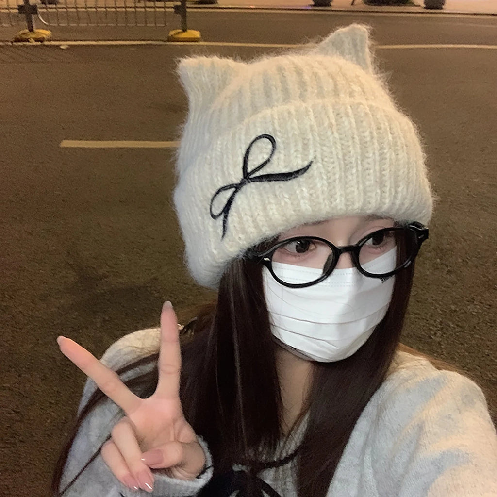 Women's Cat Ear Knit Beanie – Bowknot Winter Hat | FAITOLAGI Knit Beanie Hat SWANS