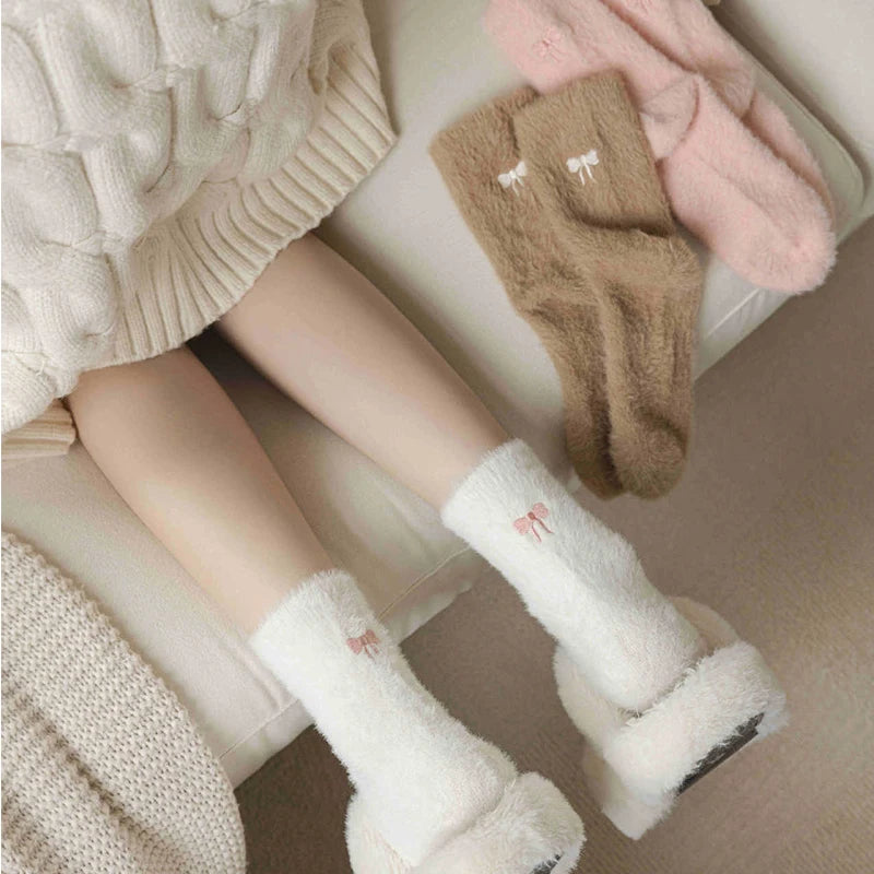 Women's Plush Bow Thermal Socks – Cozy Winter Floor Socks Plush Thermal Socks SWANS