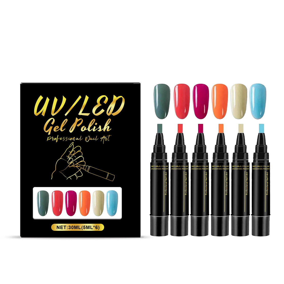SWANS 3-in-1 Gel Nail Polish Pen Set – 6 Colors Base & Top Coat Gel Nail Polish Set SWANS A05
