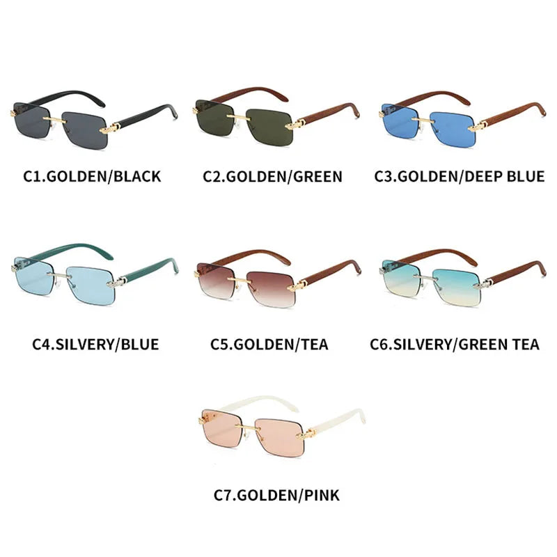 TOYEARN Rimless Square Sunglasses UV400 Vintage Wooden Grain Fashion Sunglasses SWANS