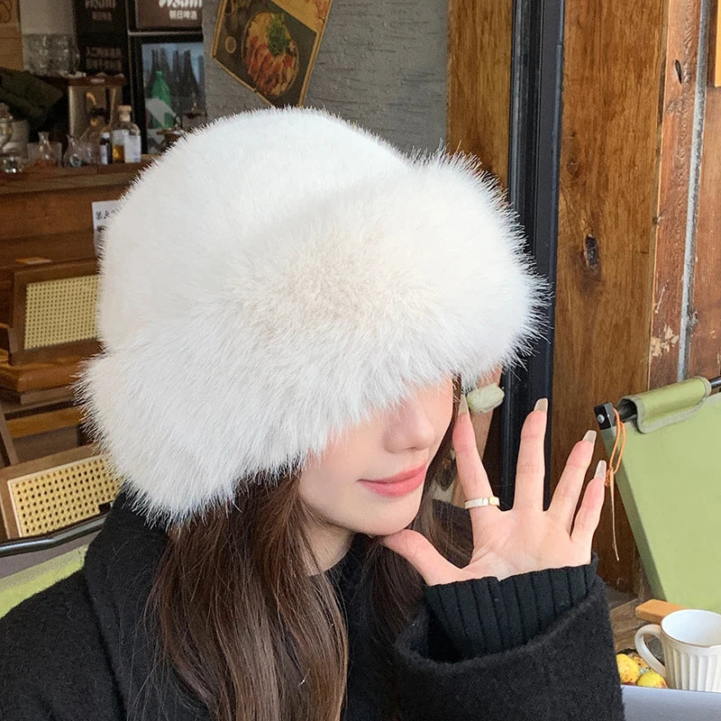 Women's Winter Plush Bucket Hat – Faux Fur Warm Fisherman Cap Winter Bucket Hat SWANS