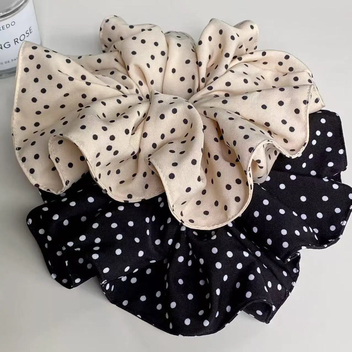 Vintage Polka Dot Chiffon Scrunchie – Large Retro Hair Tie Chiffon Hair Scrunchie SWANS