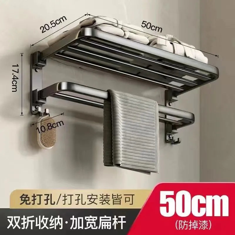 SWANS No-Drill Folding Towel Holder – Space Aluminum Double Bar Towel Holder Rack SWANS Upgraded 50CM