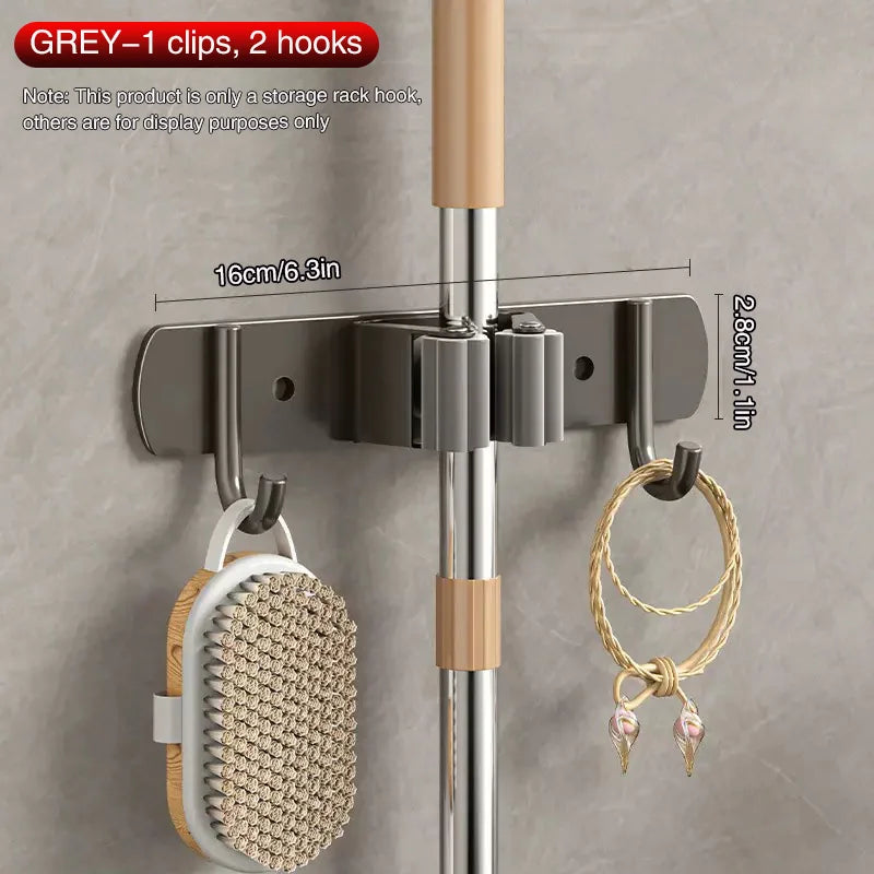 SWANS No-Drill Stainless Steel Mop & Broom Wall Organizer Wall Broom Organizer SWANS 1 clip 2 hooks GREY M