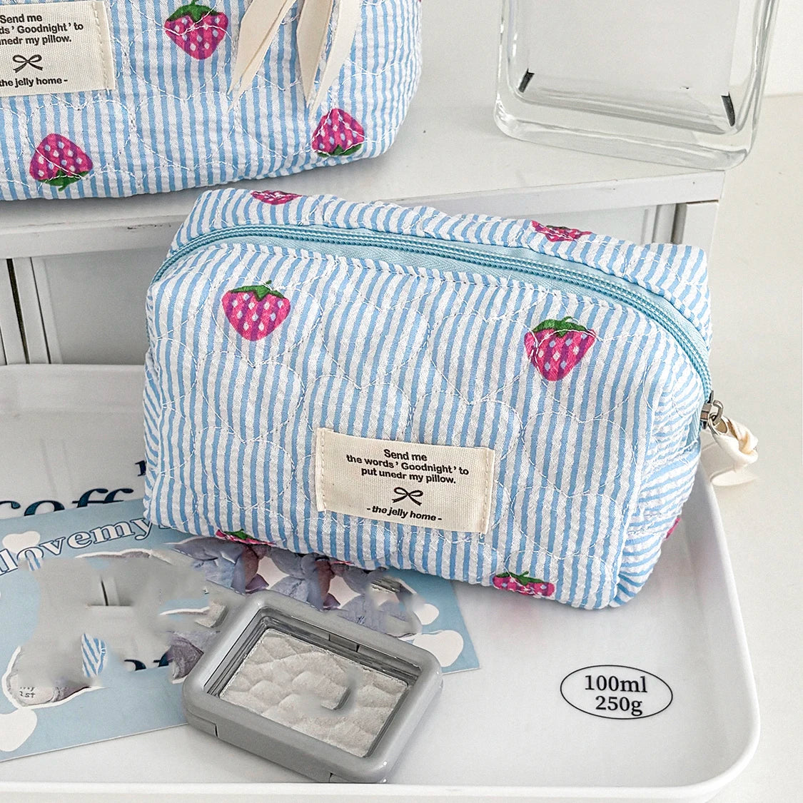 Blue Quilted Cosmetic Bag – Large Makeup & Toiletry Pouch Cosmetic Makeup Bag SWANS