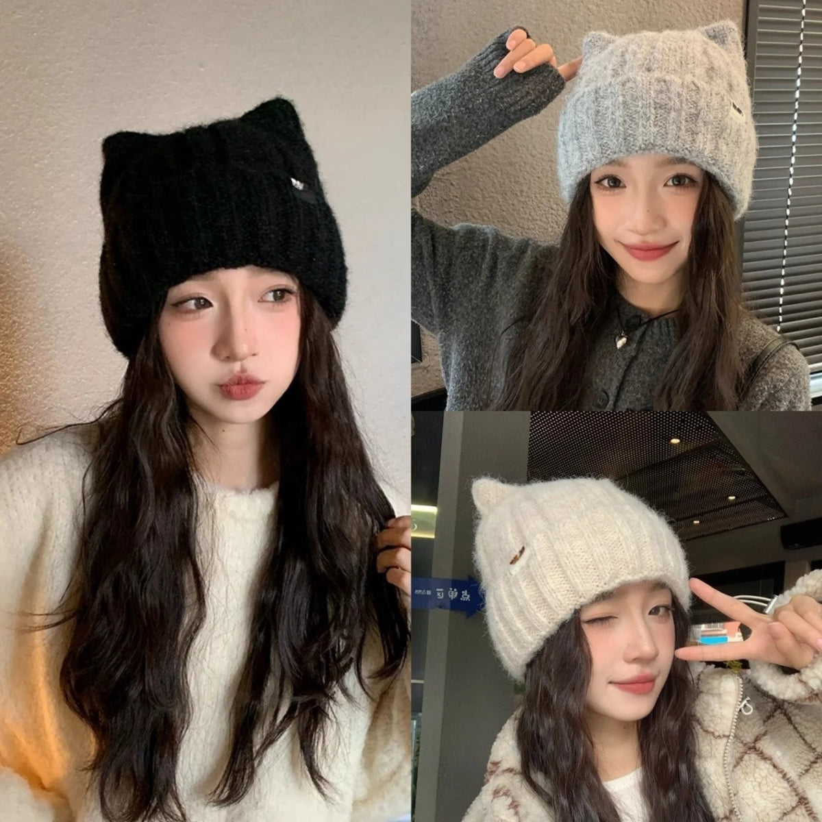 Cat Ear Knitted Beanie – Korean Winter Warm Hat for Women Knitted Winter Beanie SWANS