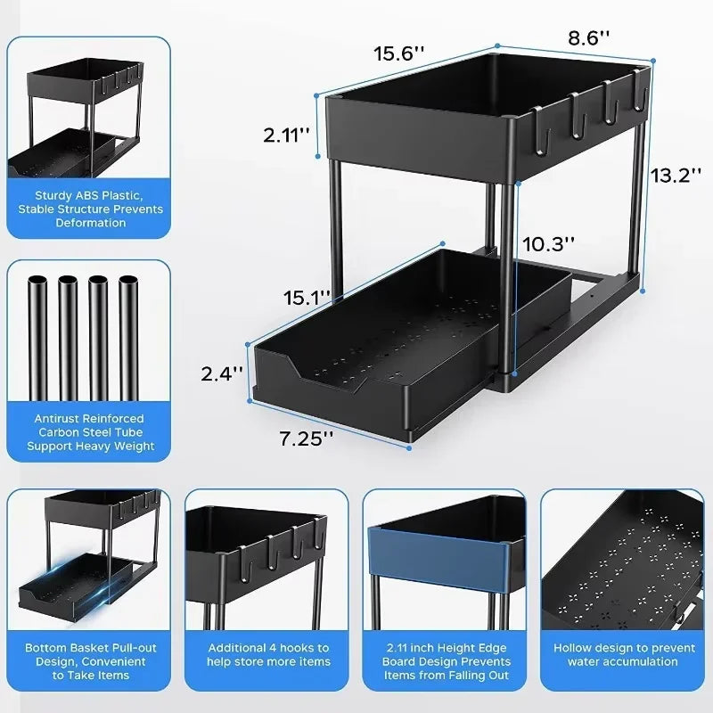 Under Sink Organizer – Double Sliding Drawers Kitchen Rack Under Sink Organizer SWANS Black