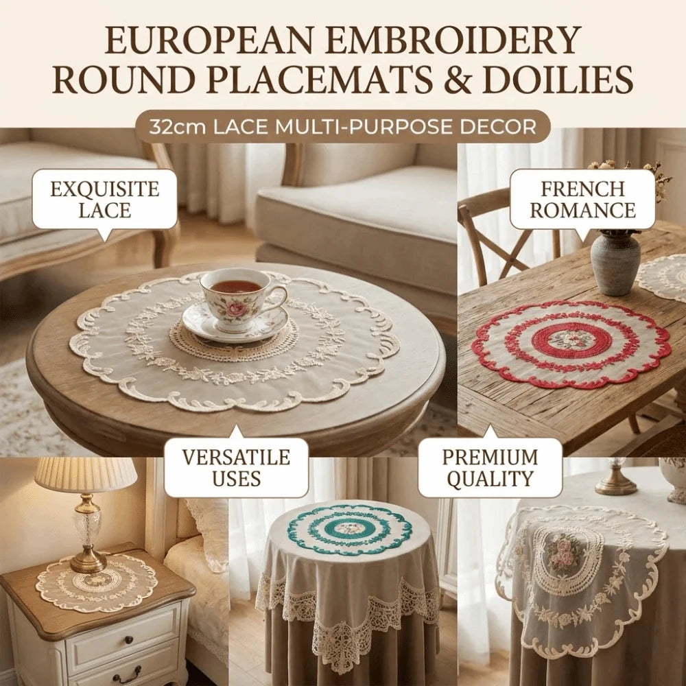 Vintage Lace Embroidered Table Doily – White Round Placemat Lace Table Doily SWANS