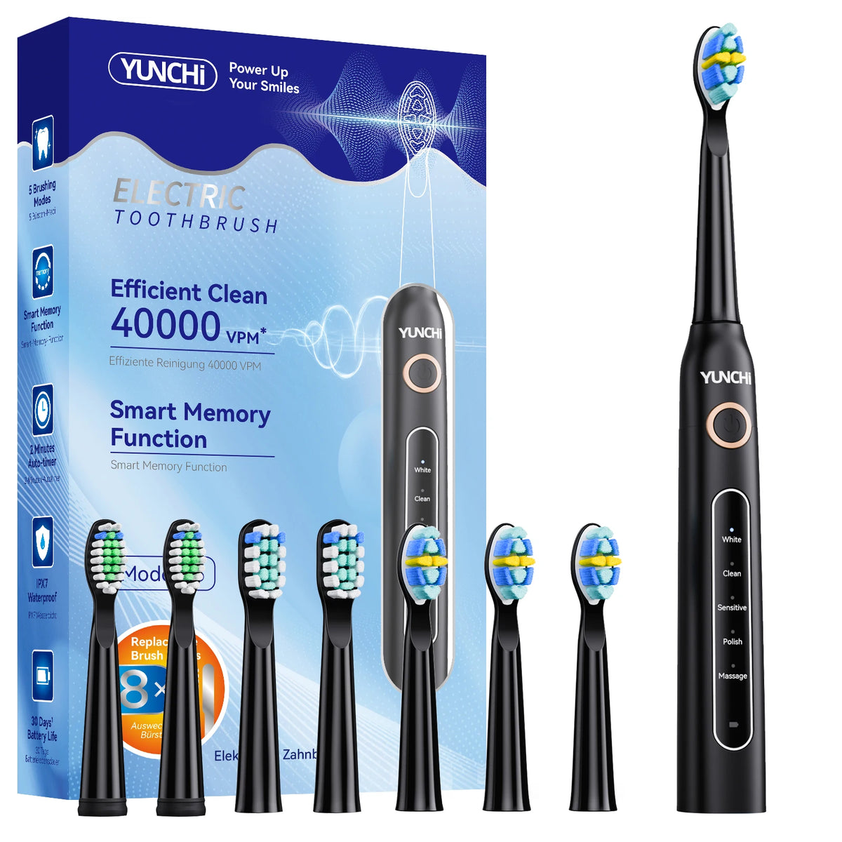 YUNCHi Y5 Sonic Electric Toothbrush 5 Modes & 8 Brush Heads Electric Toothbrush SWANS Black