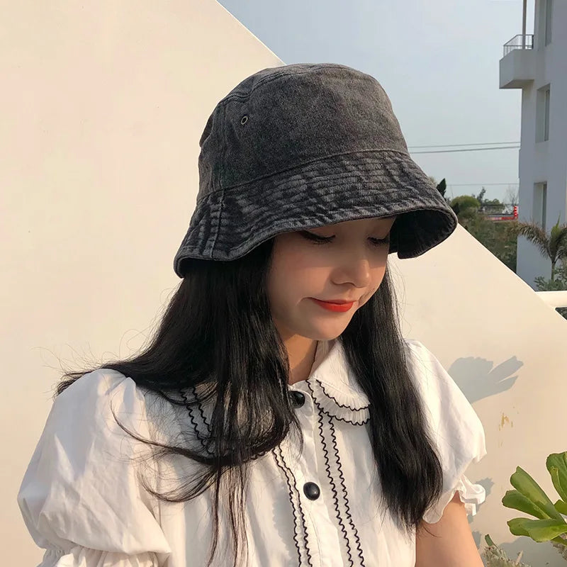 Retro Washed Denim Bucket Hat – Unisex Wide Brim Cap Denim Bucket Hat SWANS