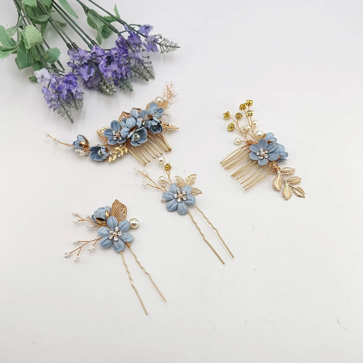 4-Piece Pearl Zircon Bridal Hair Comb Set – Wedding Jewelry Bridal Hair Combs SWANS Blue