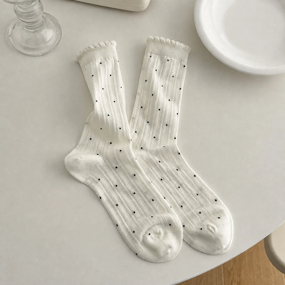 Women's Combed Cotton Slouch Socks – Ruffled Mid-Calf 2-Pack Women's Cotton Socks SWANS Ivory One Size