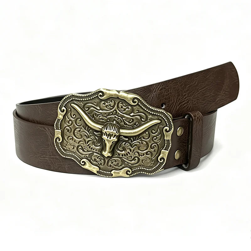 Western Cowboy PU Leather Belt – Bull Head Buckle Unisex Leather Belt SWANS