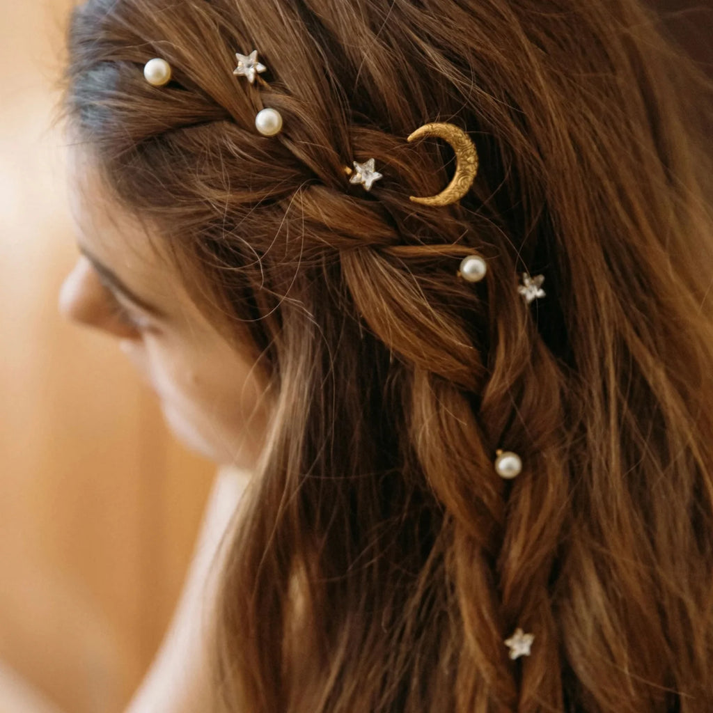8-Pack Celestial Moon Star Faux Pearl Hair Pins – Gold Tone Hair Barrettes Set SWANS