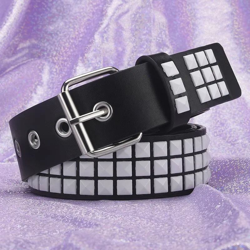 Y2K Punk Rock Square Bead Rivet Belt – Unisex Metal Belt Punk Rivet Belt SWANS black and white 110cm