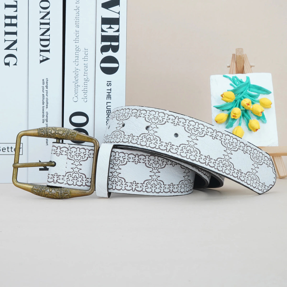 Women's Retro Western Belt – Embossed Cowgirl PU Leather Women's Fashion Belt SWANS ZN010-White 105cm 41.3in