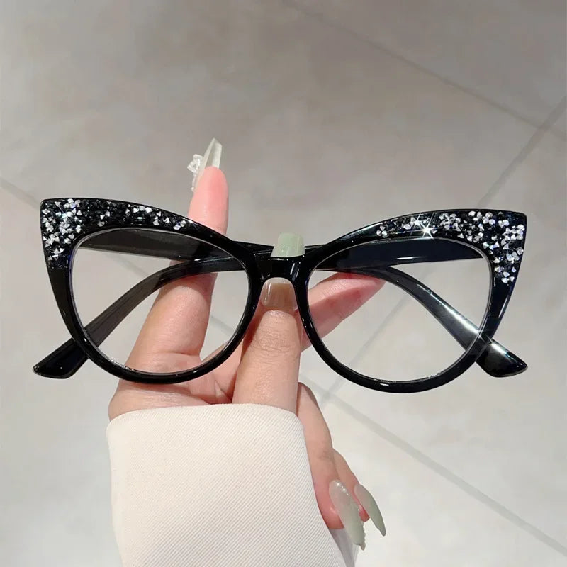 TOYEARN Blue Light Cat Eye Glasses – Bling Diamond Oversized Blue Light Eyeglasses SWANS Black