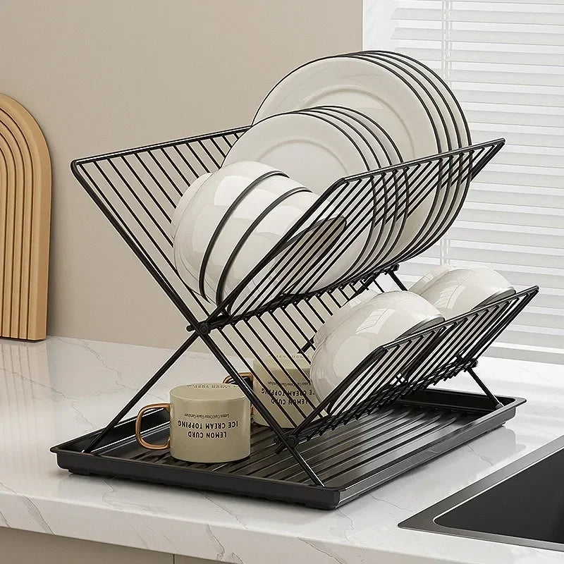 SWANS 2-Tier Folding Stainless Steel Dish Drying Rack & Tray Dish Drying Rack SWANS black
