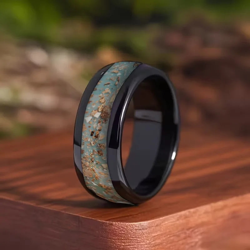 Men's Black Stainless Steel Ring – Gold Foil Inlay Wedding Band Men's Fashion Ring SWANS