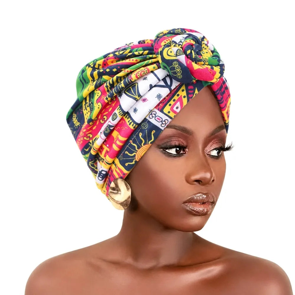 African Print Hijab Cap – Pleated Knotted Head Wrap | All Seasons Hijab Head Wrap SWANS 6