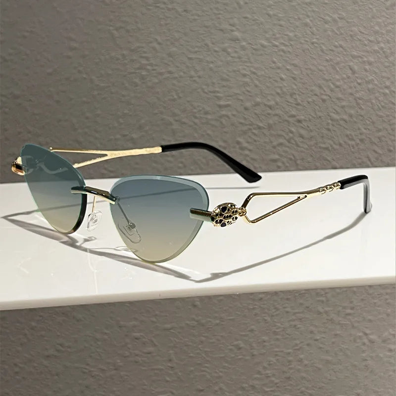 Y2K Rimless Cat Eye Sunglasses – Diamond Cut Snake Head Shades Cat Eye Sunglasses SWANS Green Yellow As the picture