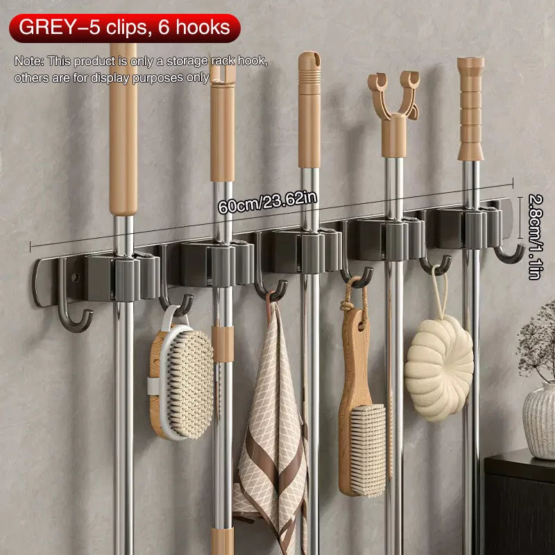 SWANS No-Drill Stainless Steel Mop & Broom Wall Organizer Wall Broom Organizer SWANS 5 clip 6 hooks GREY M