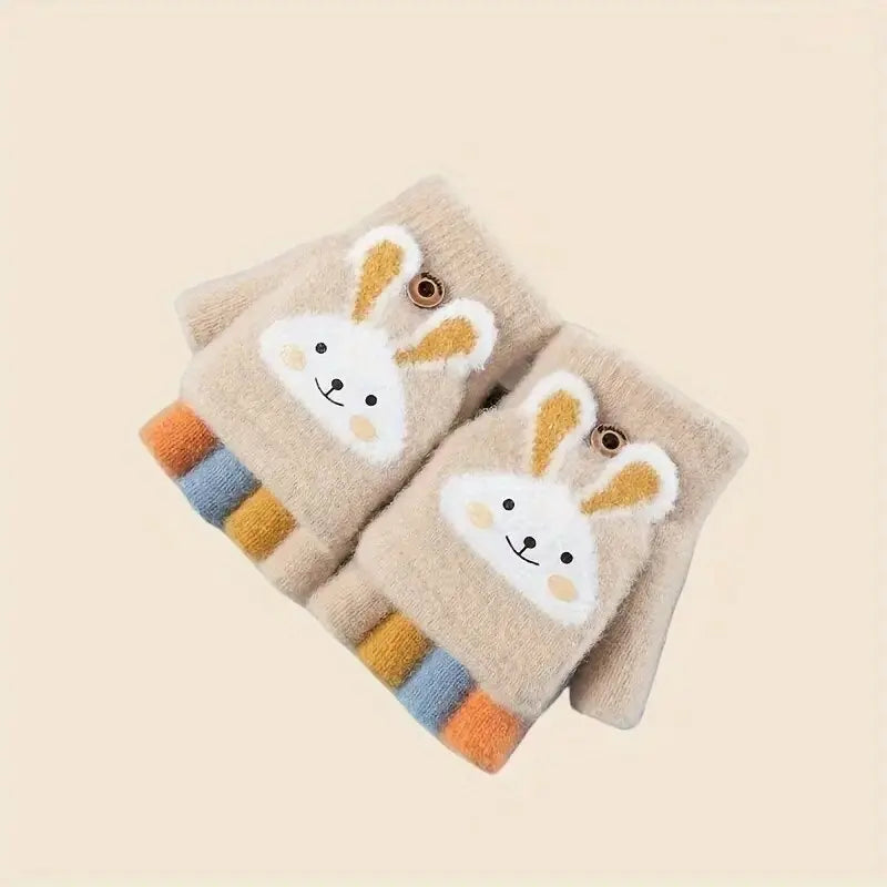 Girls' Flip-Top Winter Gloves – Warm Cartoon Knit Mittens Kids Winter Gloves SWANS