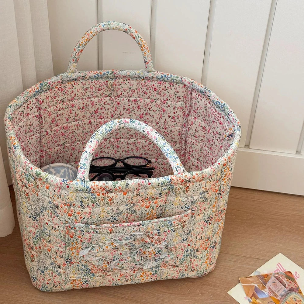 Vintage Floral Quilted Foldable Storage Basket with Handle Fabric Storage Basket SWANS 1