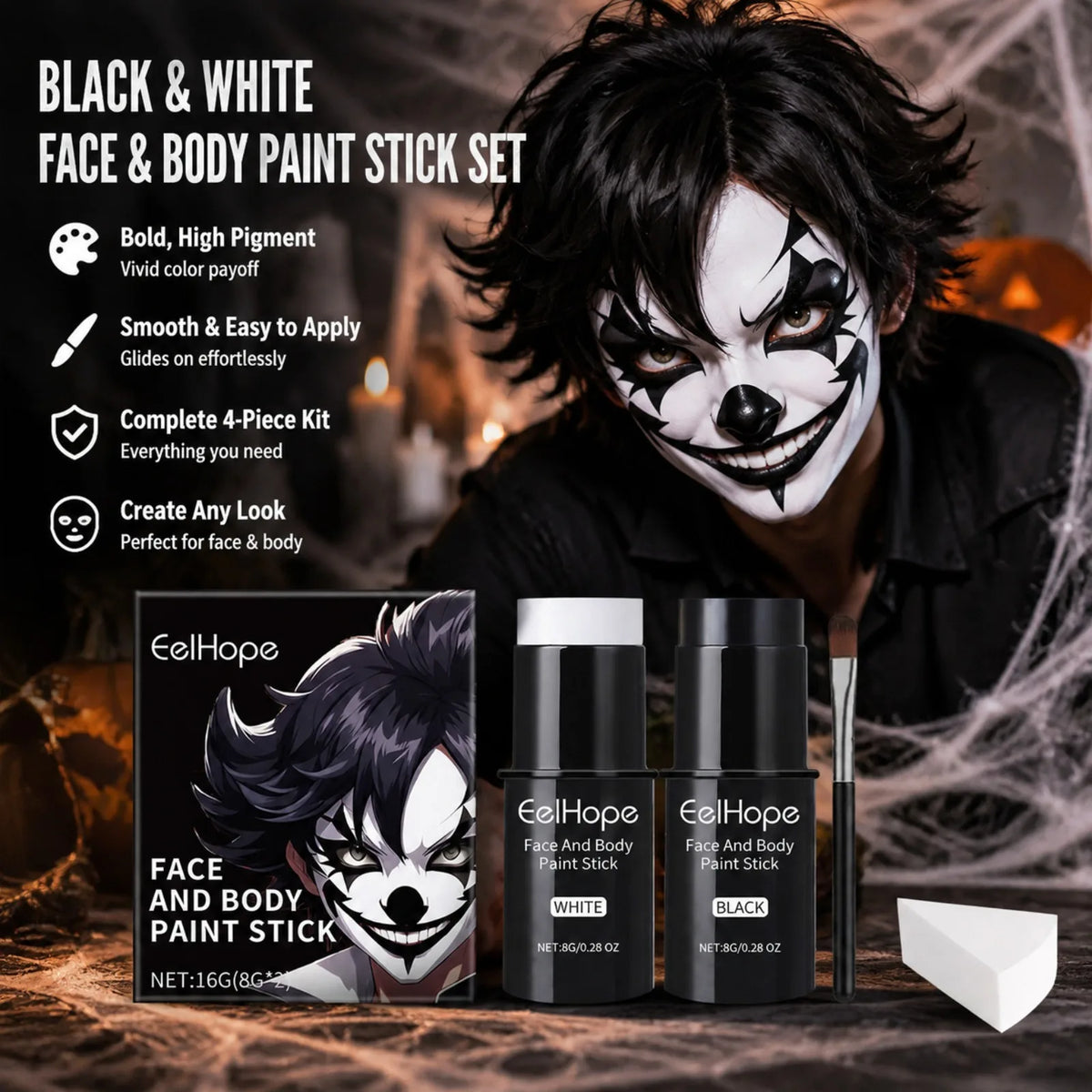 Halloween Face & Body Paint Stick Set – Black & White Cosplay Kit Halloween Face Paint Kit SWANS