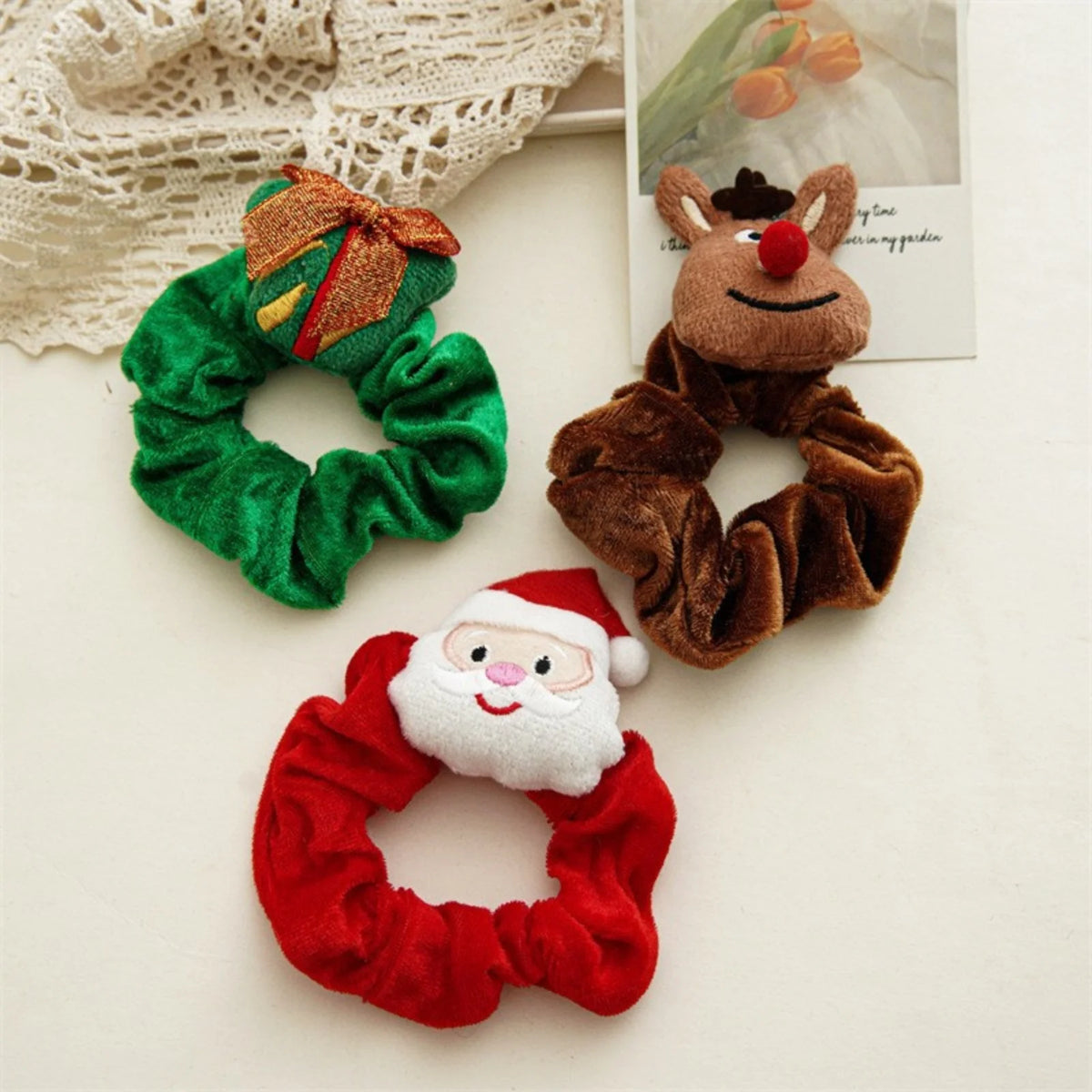 Christmas Velvet Scrunchie – Santa, Reindeer & Gift Design Velvet Hair Scrunchie SWANS