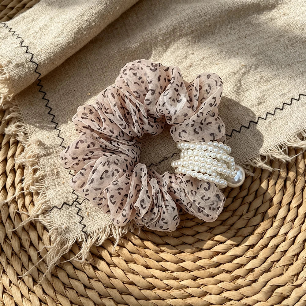 Vintage Leopard Organza Hair Scrunchie – Pearl Bead Tassel Hair Scrunchie SWANS light