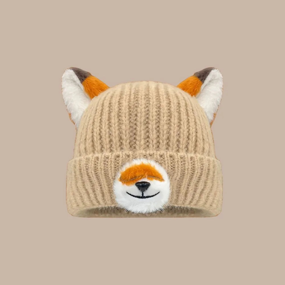Y2K Fox Ears Beanie – Warm Thickened Knit Winter Hat Unisex Knit Beanie Hat SWANS Khaki