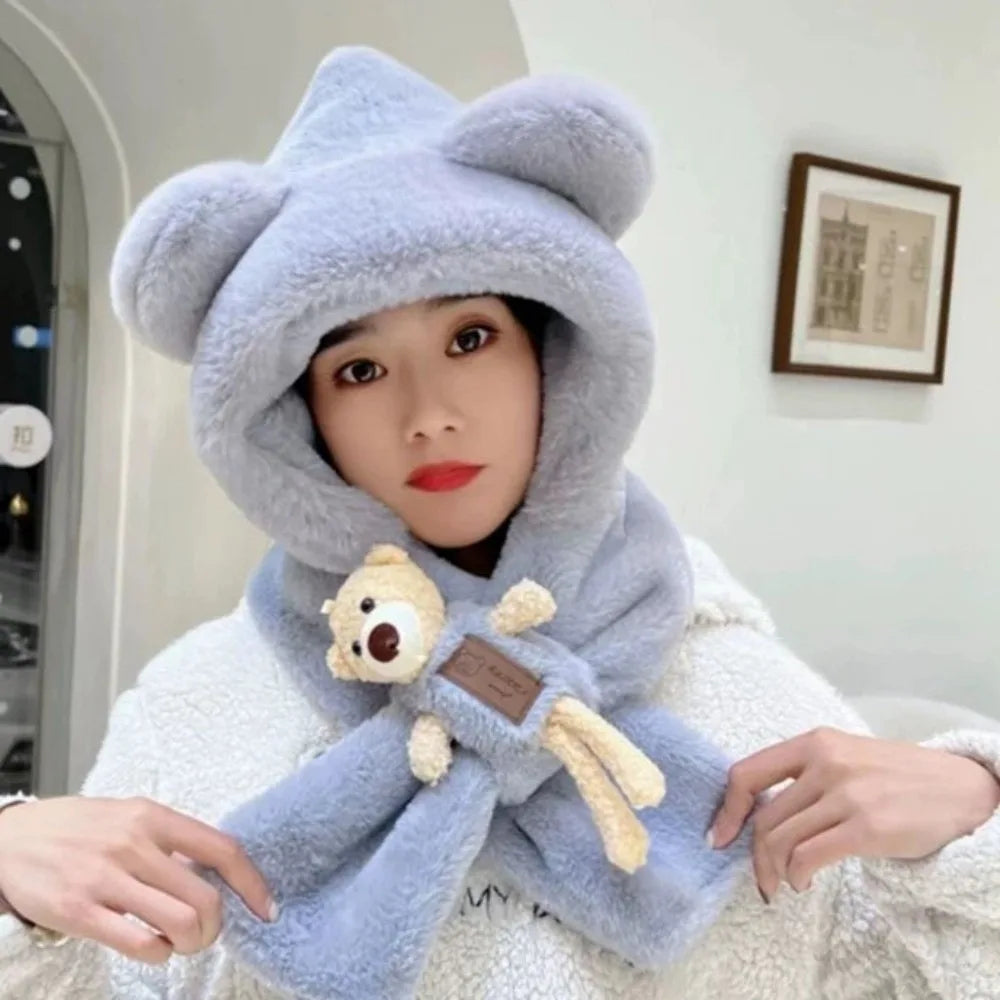 Bear Integrated Hat & Scarf Set – Warm Windproof Pullover Hat & Scarf Set SWANS