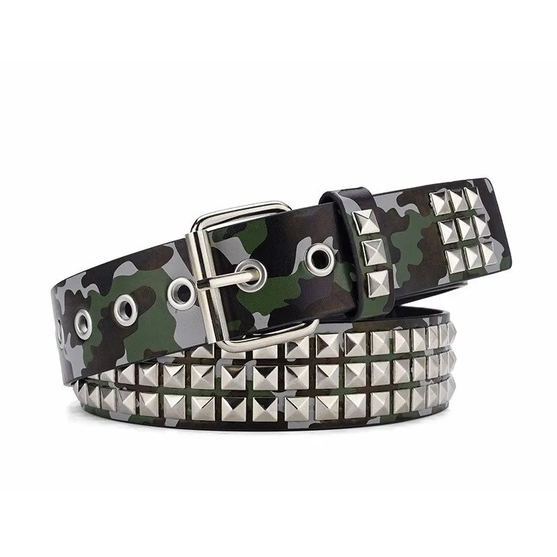 Y2K Punk Rock Square Bead Rivet Belt – Unisex Metal Belt Punk Rivet Belt SWANS green camouflage 110cm