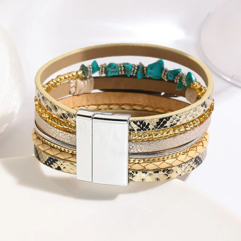 Bohemian Turquoise Crushed Stone Leather Wrap Bracelet Stone Charm Bracelet SWANS