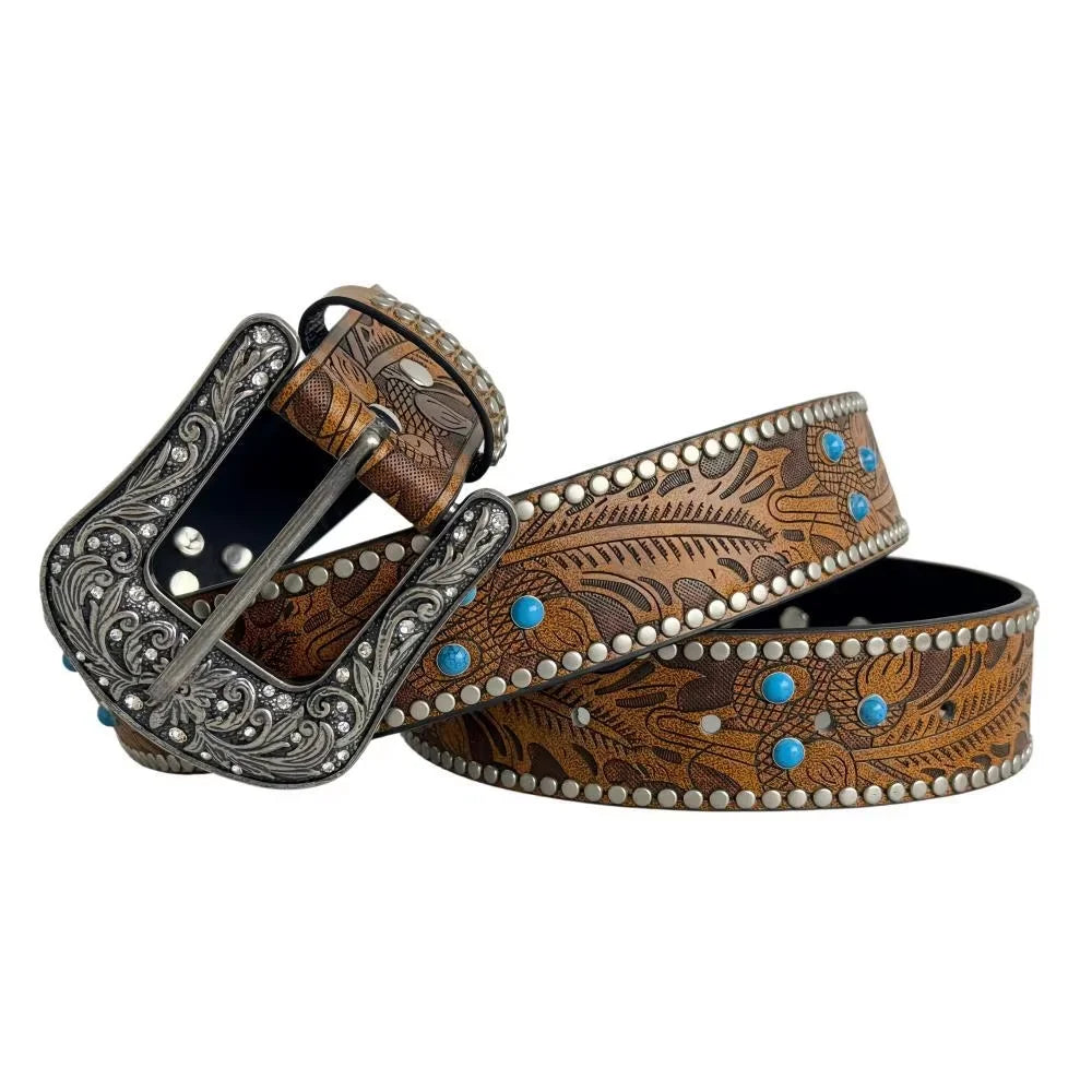 Women's Retro Embossed PU Leather Boho Belt – Pin Buckle Women's Fashion Belt SWANS