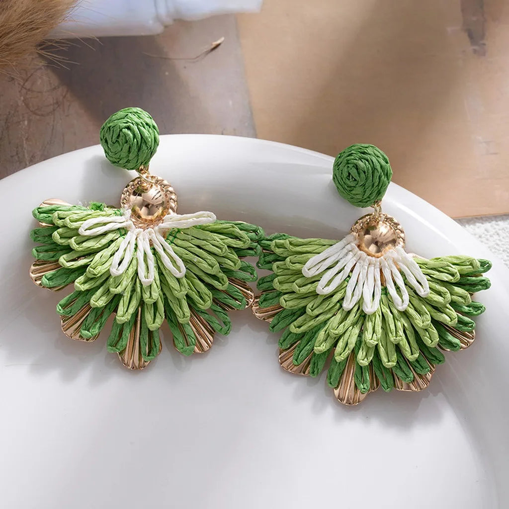 Women's Bohemian Raffia Flower Fan Drop Earrings Drop Earrings SWANS Green White